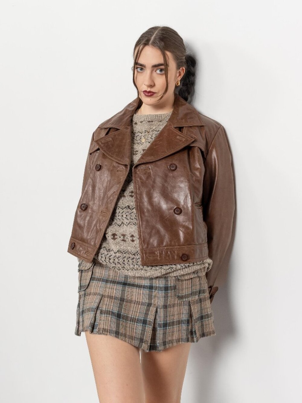 BROWN LEATHER Cropped Worn In Jacket Women Coat / Large Xl